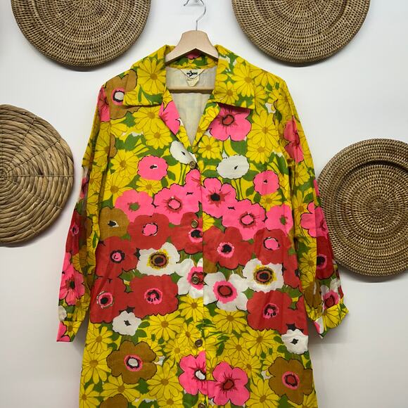 True Vintage 70s Mr Jac Long Maxi Dress 16 Retro Flower Floral Colorful Button - Picture 4 of 8